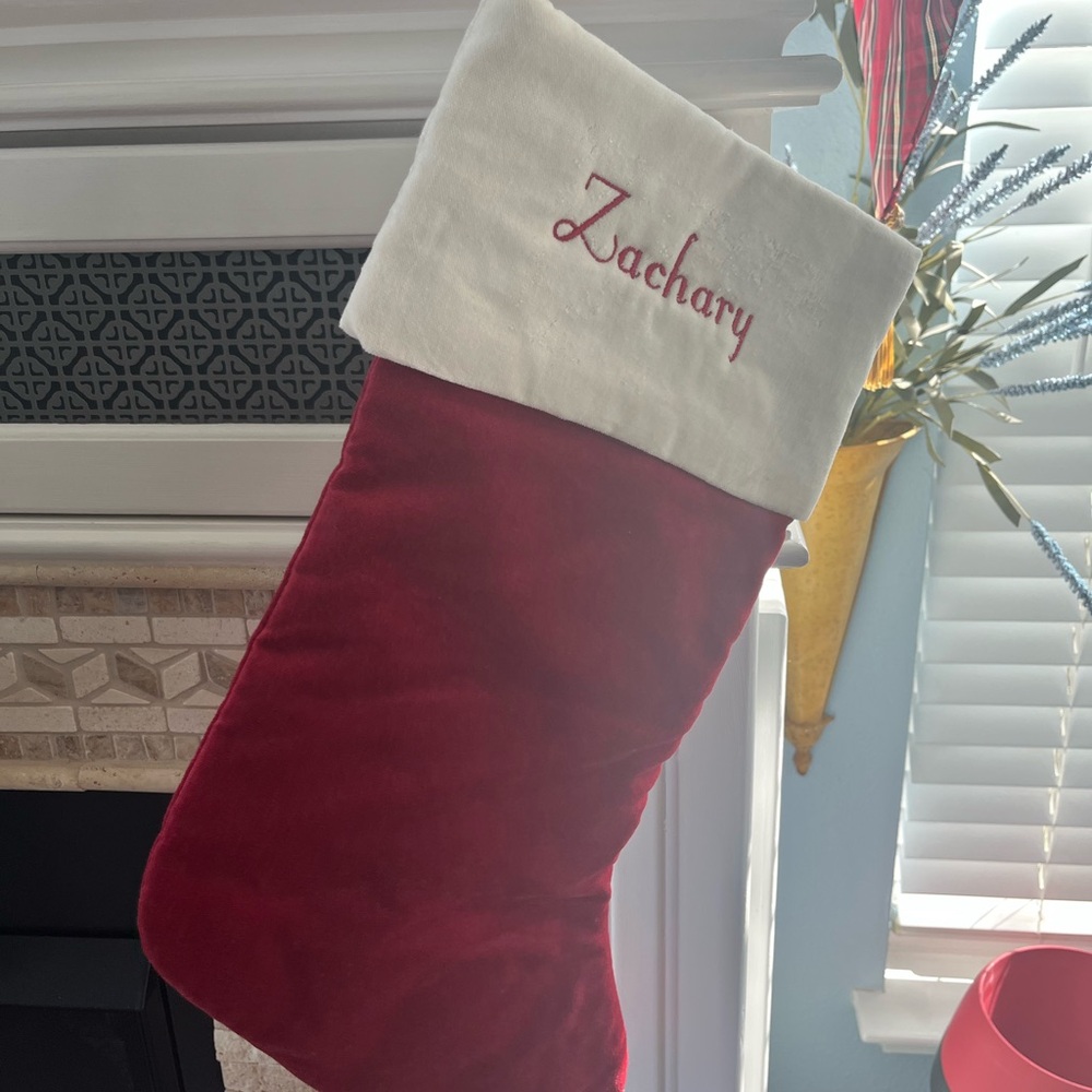 Pottery Barn Red and Cream Christmas Stocking monogram “Zachary”.